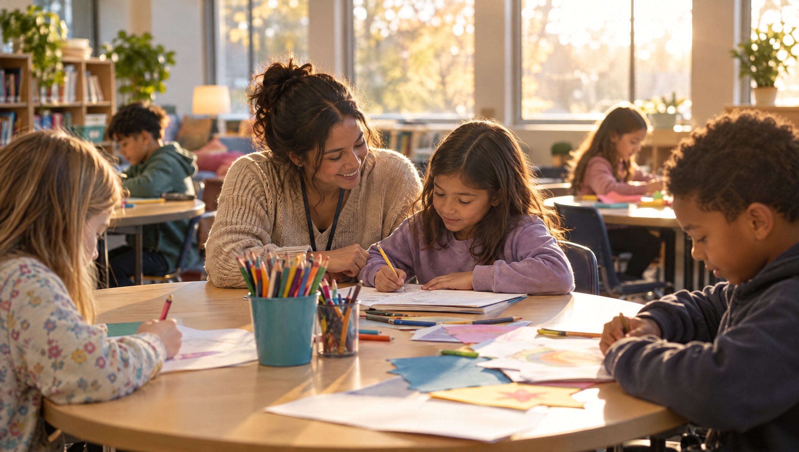 Children doing homework and art at round tables with a helper in a sunny classroom